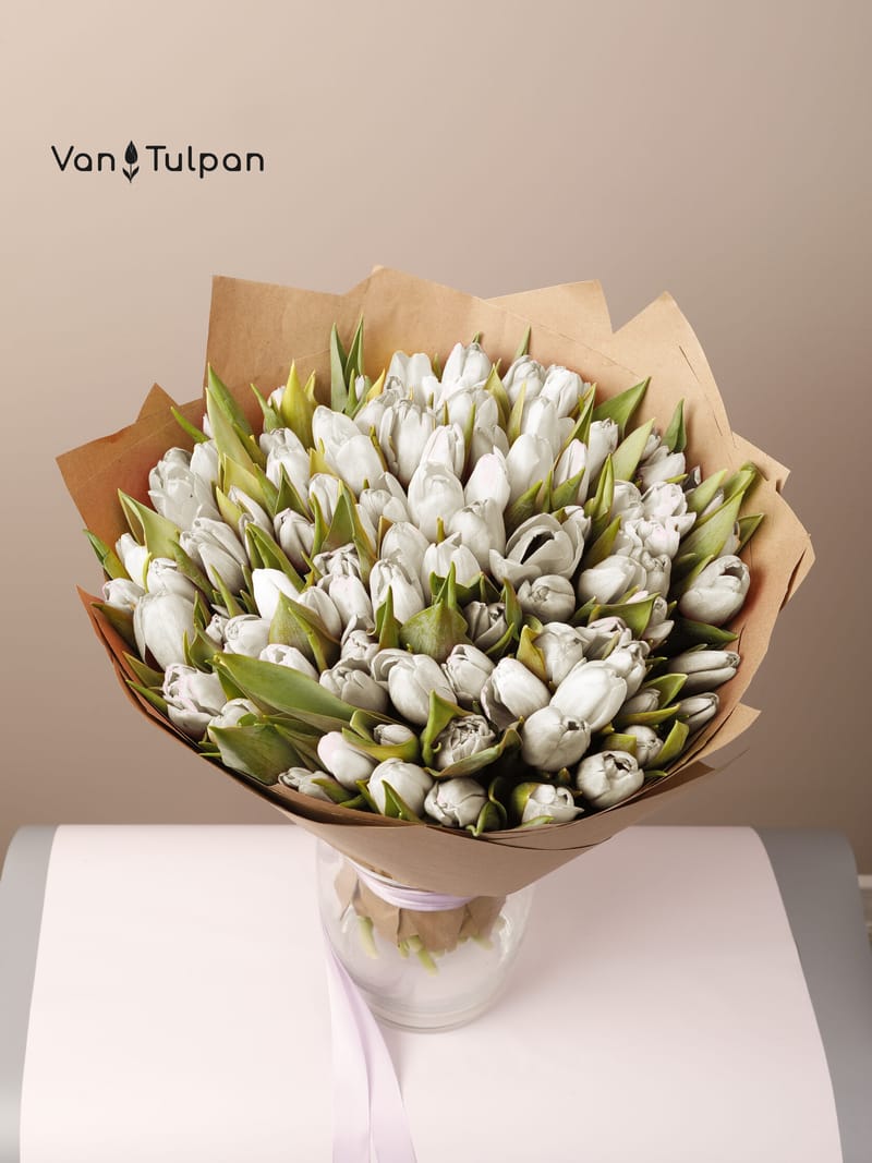 Букет из 101 белого тюльпана, крафт