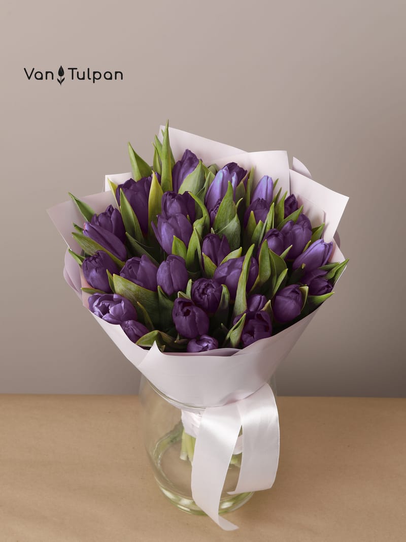Букет из 31 фиолетовые тюльпанов, пленка