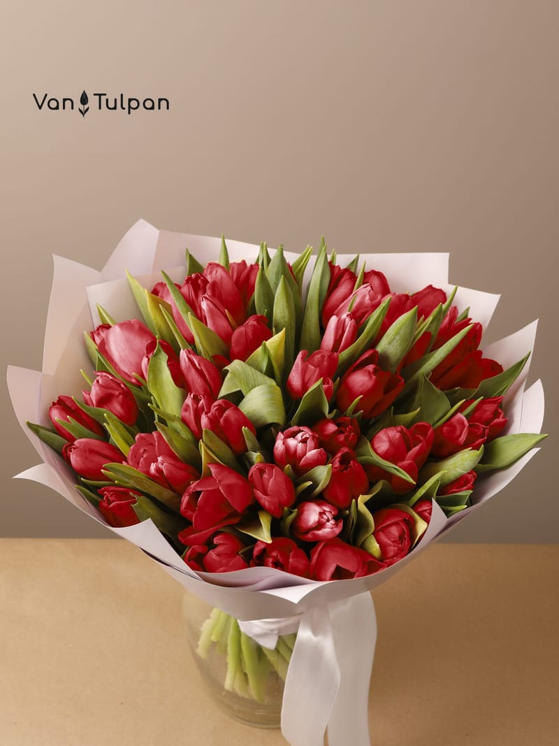 Букет из 51 красного тюльпана, пленка