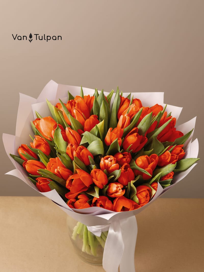 Букет из 51 оранжевого тюльпана, пленка