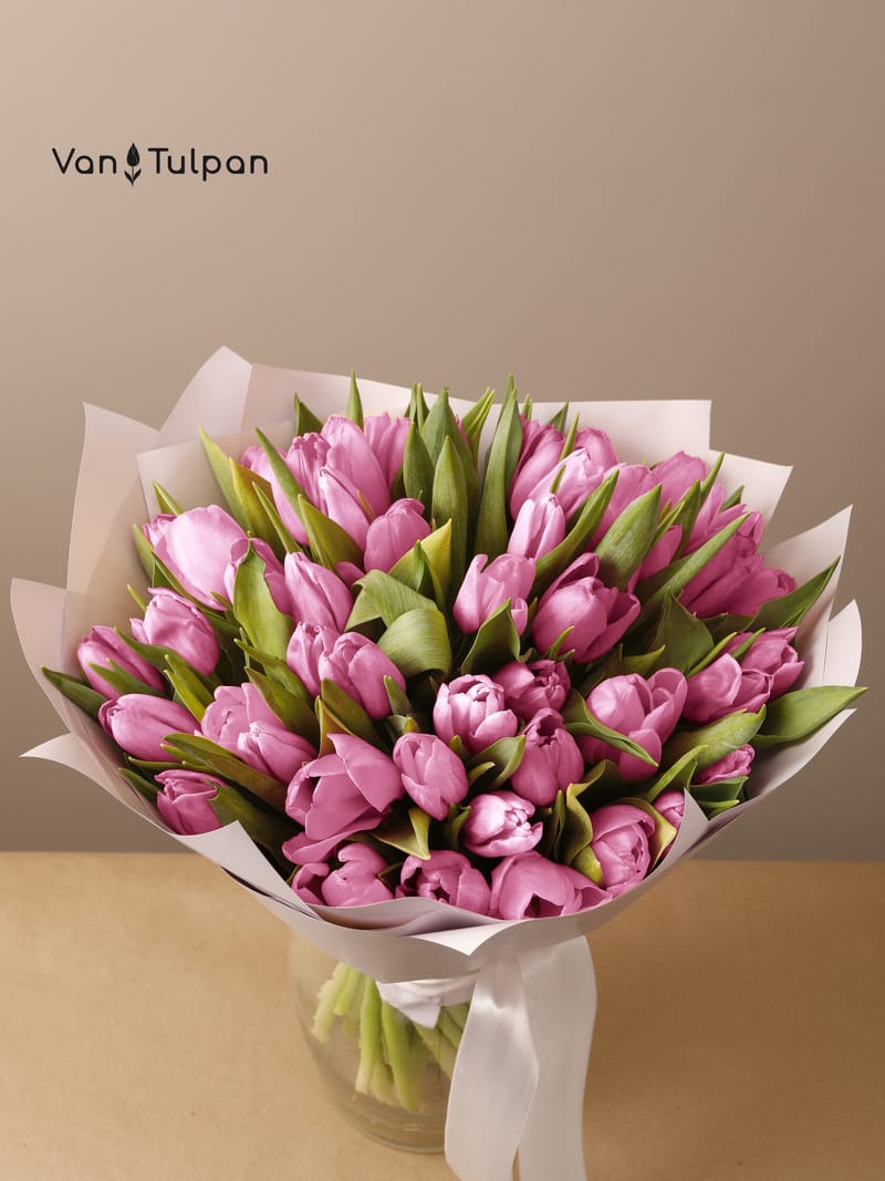Букет из 51 розового тюльпана, пленка